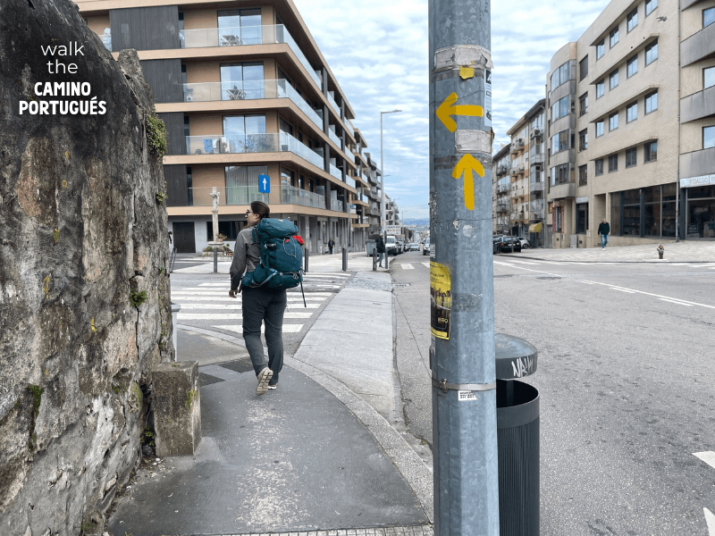 Pilgrim walking along the Camino Custóias (greater Porto area) where the Coastal Route splits from the Central Route